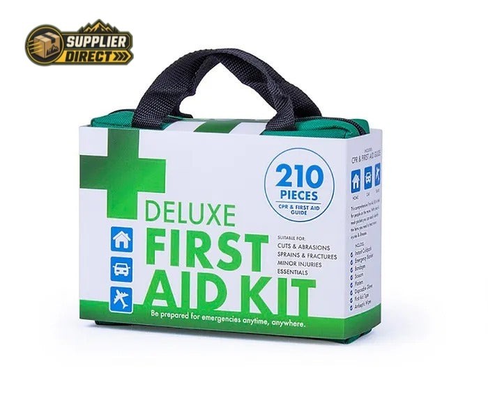 PrepPro Australia 210-piece portable emergency first aid kit in a green and white carry case for medical preparedness.