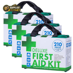 PrepPro Australia 3-pack of 210-piece emergency first aid kits in white and green portable carry cases.