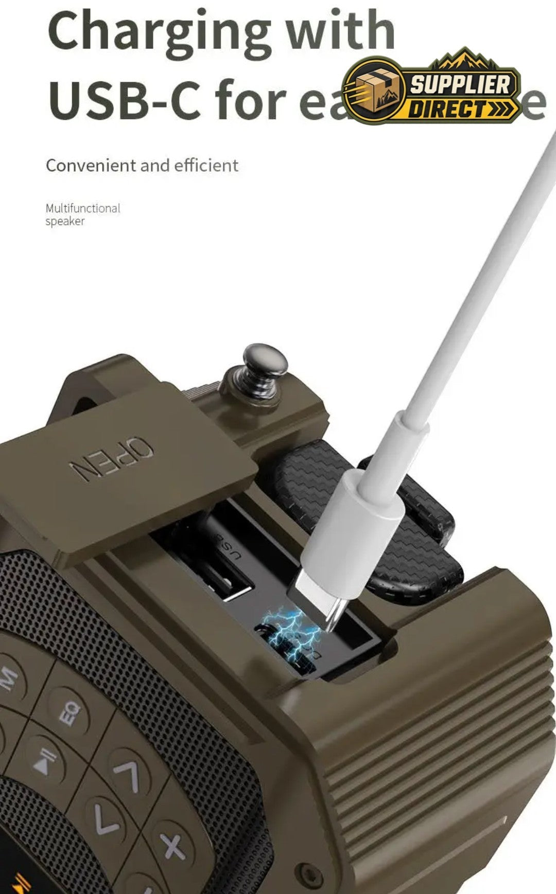 PrepPro Australia solar emergency radio showing USB-C charging port and control buttons in olive green finish