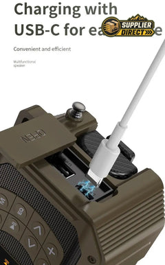PrepPro Australia solar emergency radio showing USB-C charging port and control buttons in olive green finish