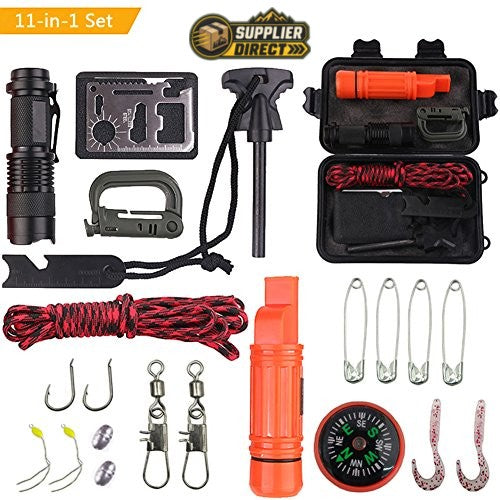 PrepPro Australia compact emergency survival and fishing kit with tools, fire starter, compass, and storage case.