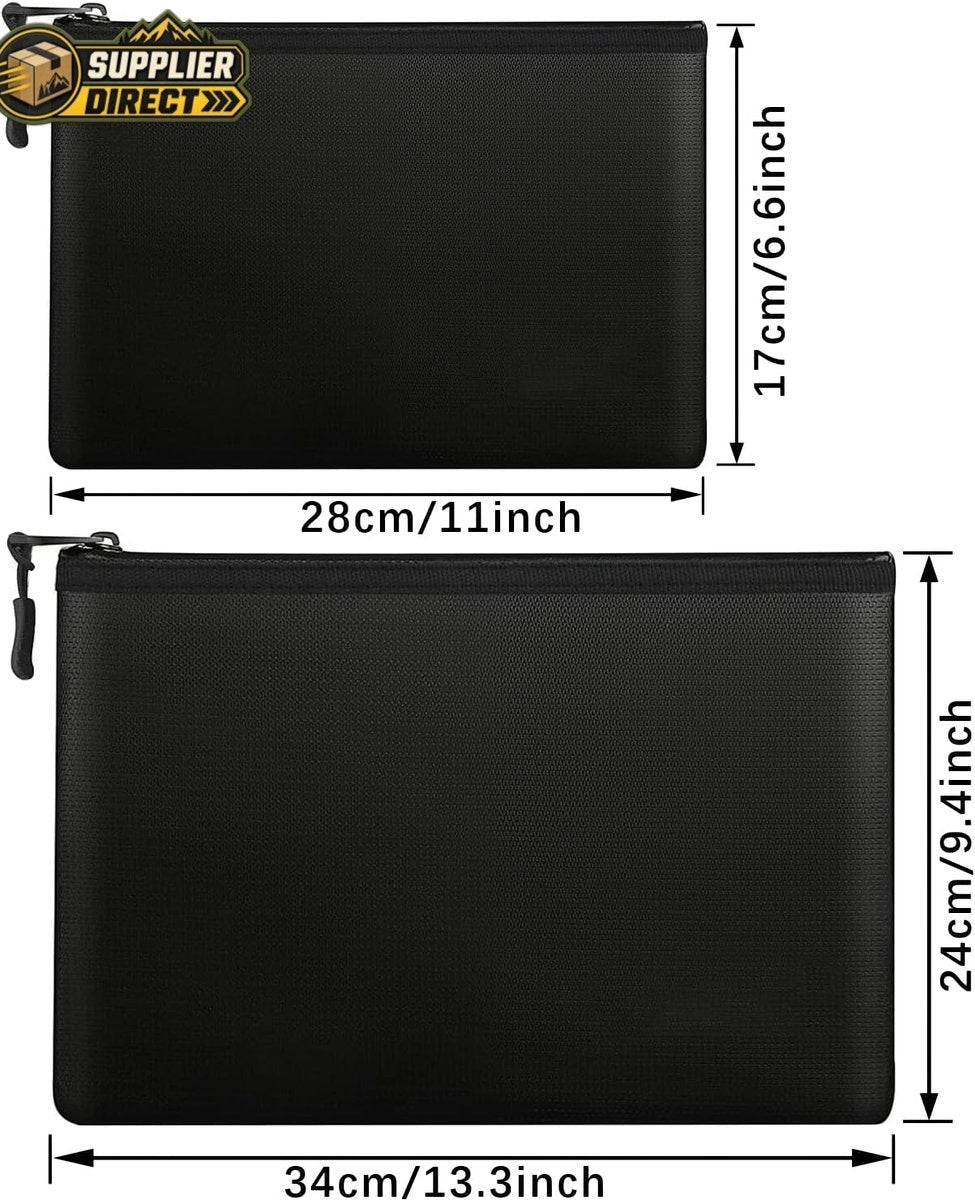 PrepPro Australia fireproof and waterproof document bag set in black with dual sizes and zipper closures.