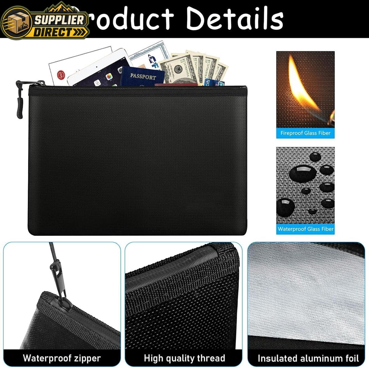 PrepPro Australia fireproof and waterproof document bag with silicone coating, zipper closure, and fiberglass interior.