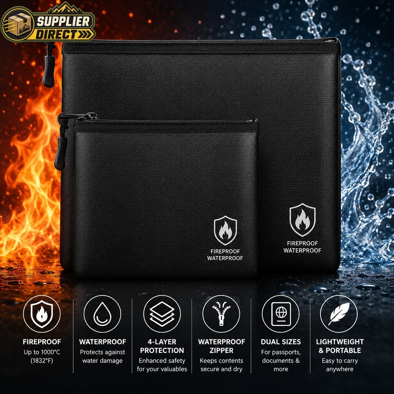 PrepPro Australia fireproof and waterproof document bag set in black with zipper closures and protective icons.
