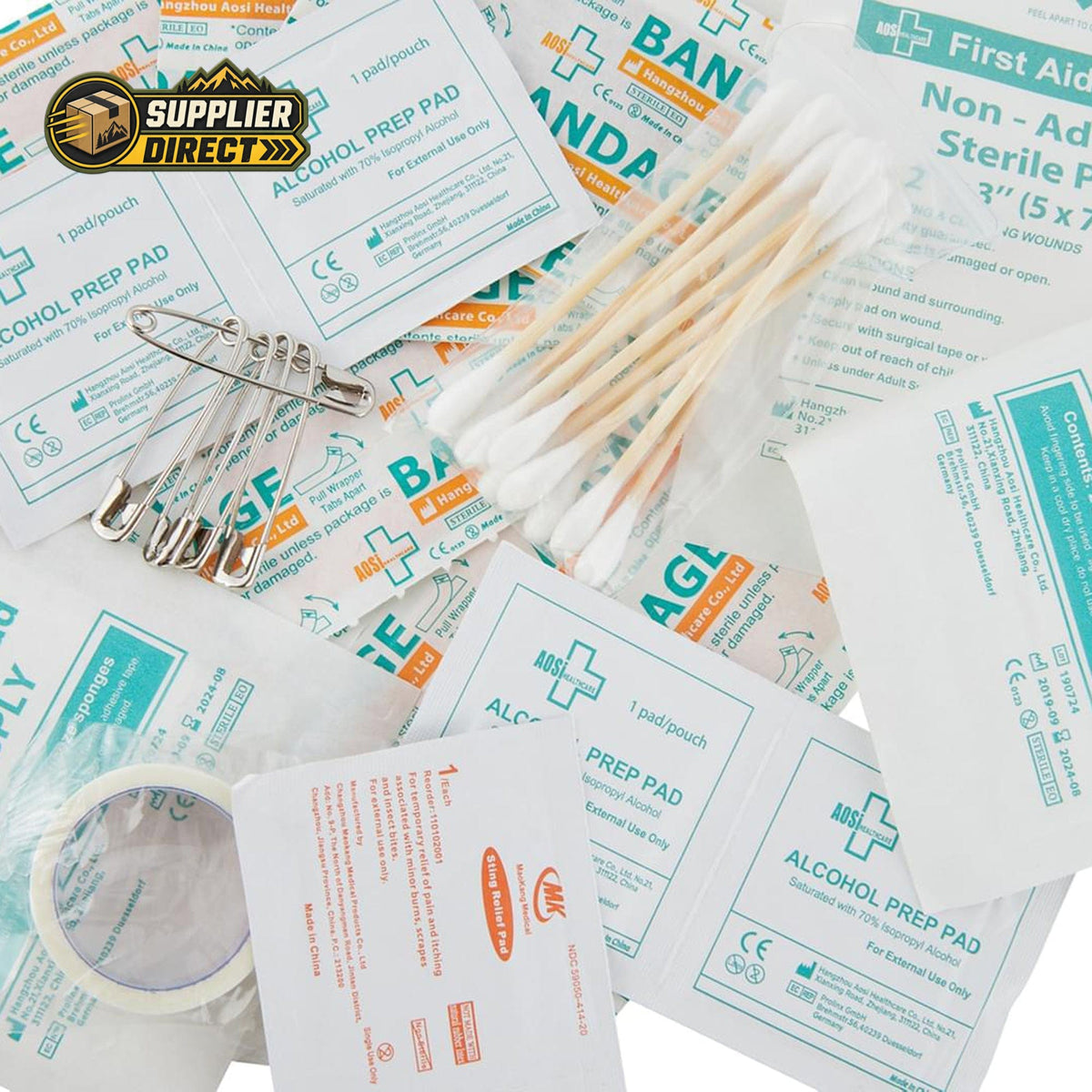 PrepPro Australia 43-piece mini first aid kit contents including alcohol prep pads, cotton swabs, gauze, and safety pins.