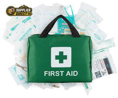 PrepPro Australia 210-piece emergency first aid kit in a green carry bag with medical supplies spread out behind it