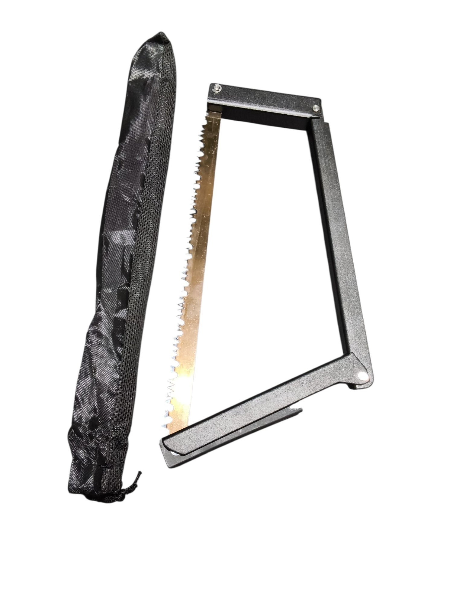 PrepPro Australia folding camp saw with serrated metal blade and black frame, shown with its protective storage pouch.