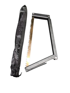 PrepPro Australia folding camp saw with serrated metal blade and black frame, shown with its protective storage pouch.