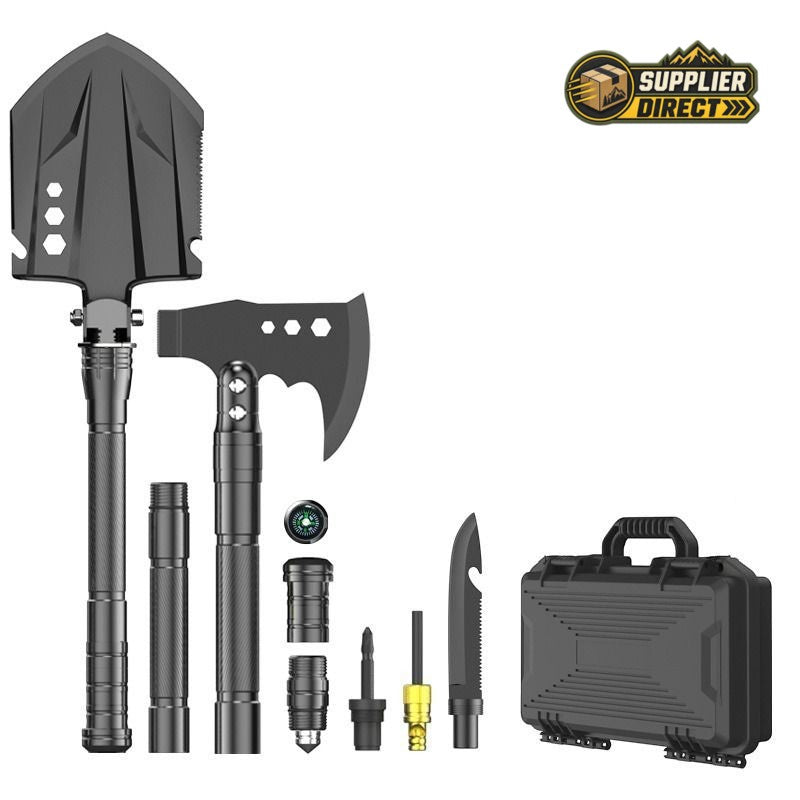 PrepPro Australia black multifunctional steel folding shovel and axe emergency tool kit with hard-shell carry case.