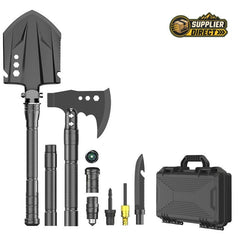 PrepPro Australia black multifunctional steel folding shovel and axe emergency tool kit with hard-shell carry case.
