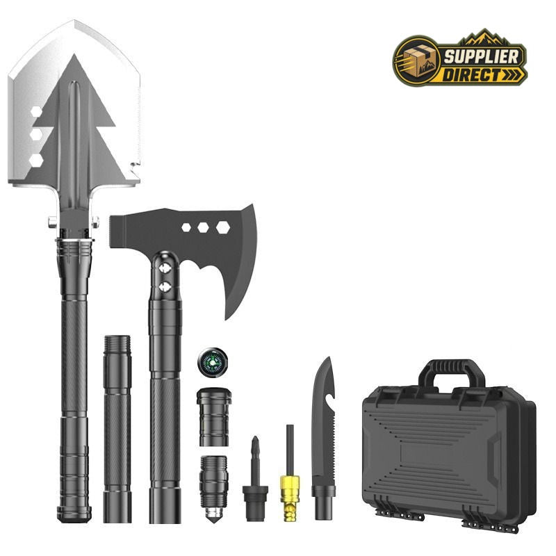 PrepPro Australia multifunctional folding shovel and axe kit with steel tools and hard-shell carry case