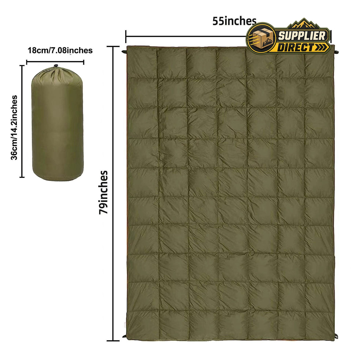 PrepPro Australia green quilted wearable camping blanket with storage bag, showing dimensions in inches.