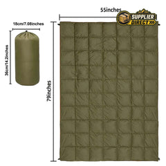 PrepPro Australia green quilted wearable camping blanket with storage bag, showing dimensions in inches.