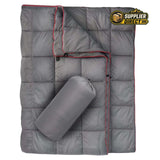 PrepPro Australia grey quilted wearable camping blanket with red trim and matching storage bag for outdoor travel