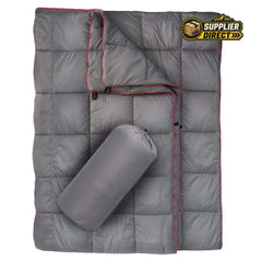 PrepPro Australia grey quilted wearable camping blanket with red trim and matching storage bag for outdoor travel