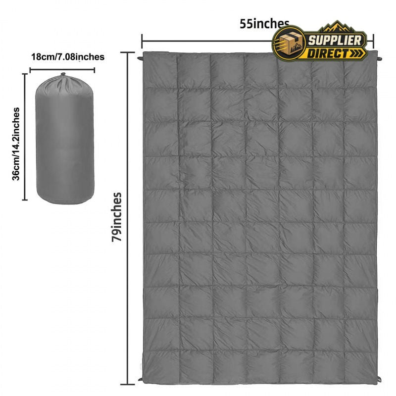 PrepPro Australia grey quilted wearable camping blanket with dimensions and storage bag shown on a white background.