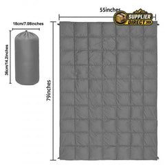 PrepPro Australia grey quilted wearable camping blanket with dimensions and storage bag shown on a white background.
