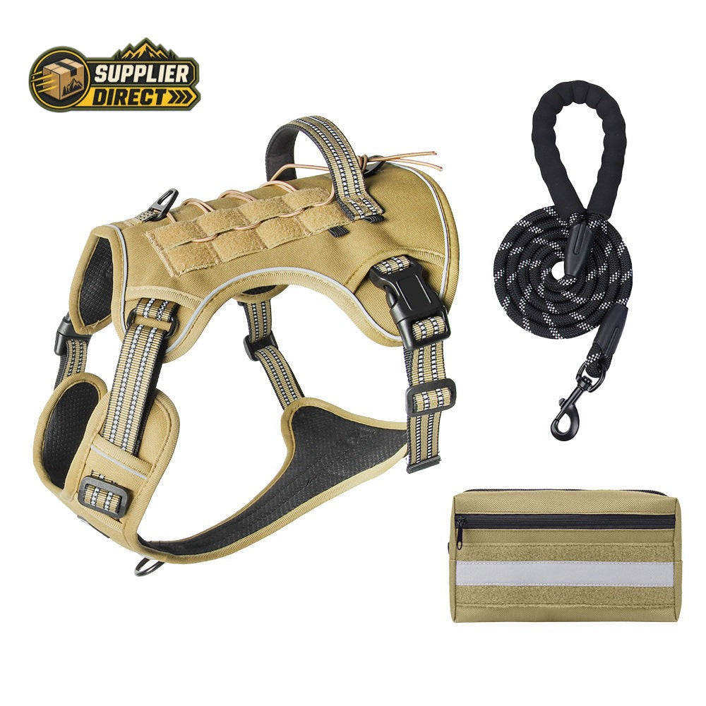PrepPro Australia khaki tactical dog harness set with detachable utility pouch and heavy-duty climbing rope leash.