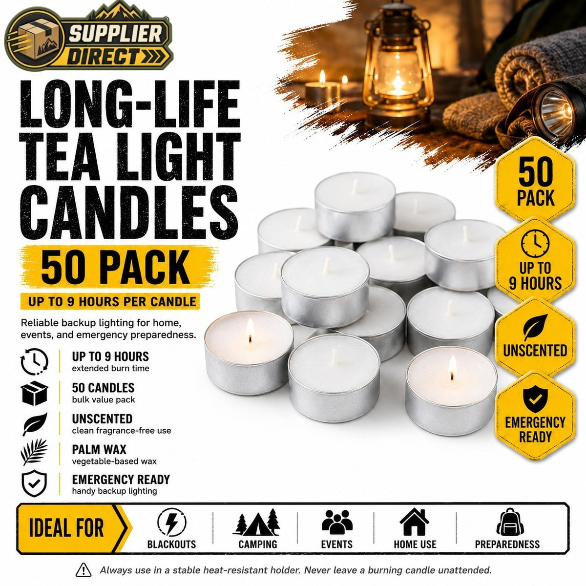 PrepPro Australia 50-pack of unscented white palm wax tea light candles with 9-hour burn time for emergency lighting.