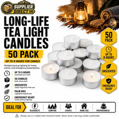PrepPro Australia 50-pack of unscented white palm wax tea light candles with 9-hour burn time for emergency lighting.