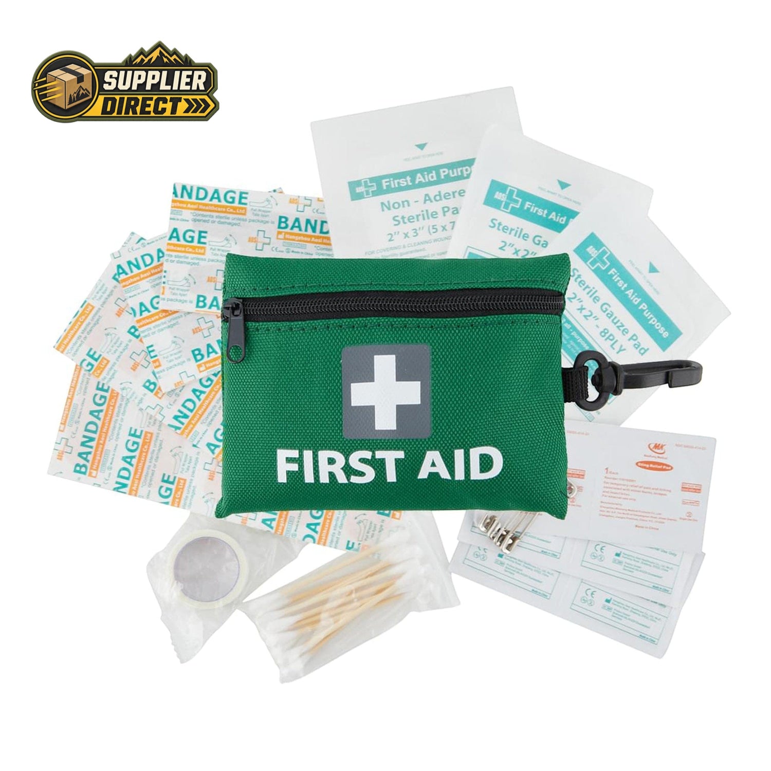 PrepPro Australia 43-piece mini first aid kit in a green zippered pouch with medical supplies spread out.