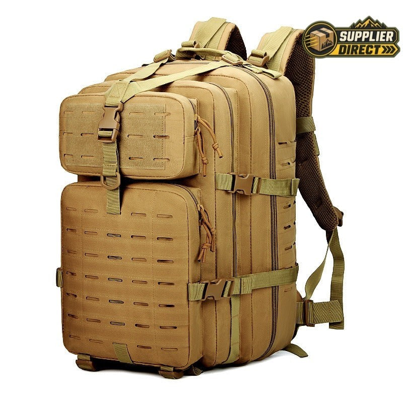 PrepPro Australia 45L mud-coloured tactical hiking backpack with multiple compartments and durable Oxford cloth design.