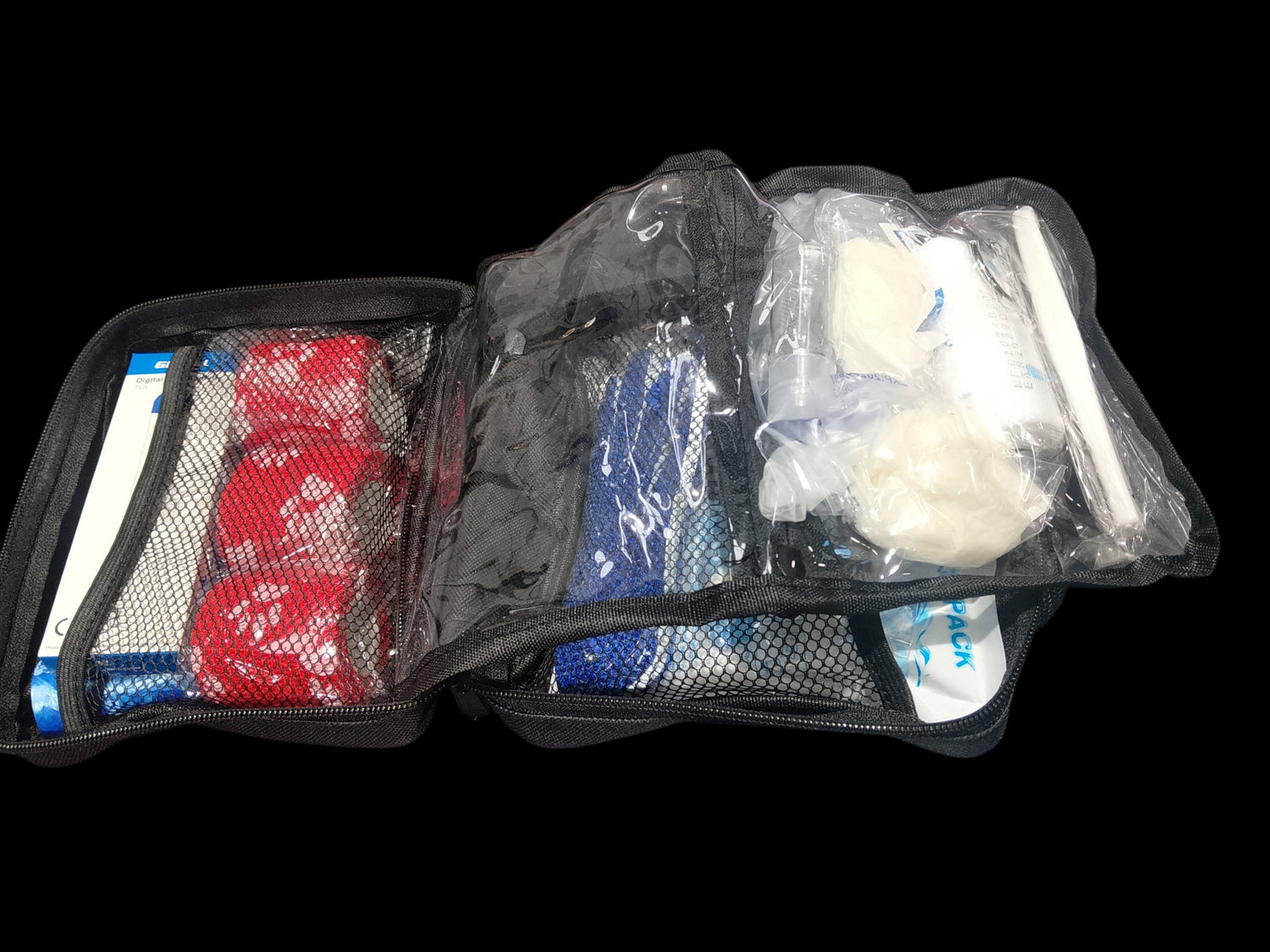 PrepPro Australia pet first aid kit in a black portable bag with various medical supplies and wound care items.