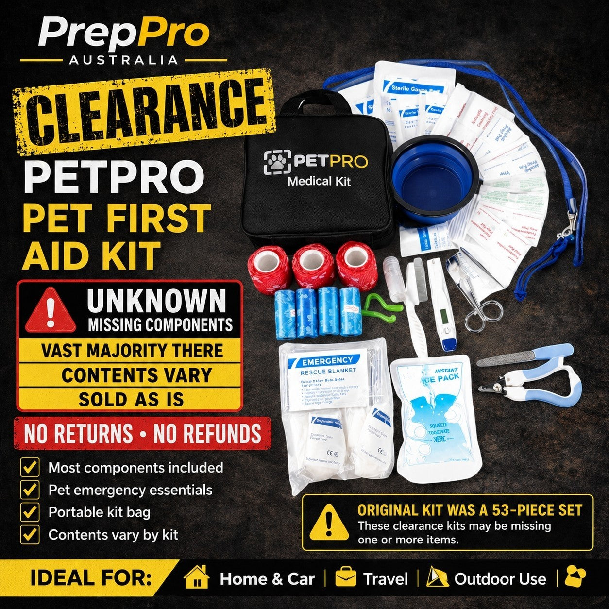 PrepPro Australia PetPro clearance pet first aid kit with medical supplies, tools, and portable bag on black background