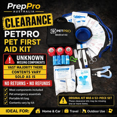 PrepPro Australia PetPro clearance pet first aid kit with medical supplies, tools, and portable bag on black background