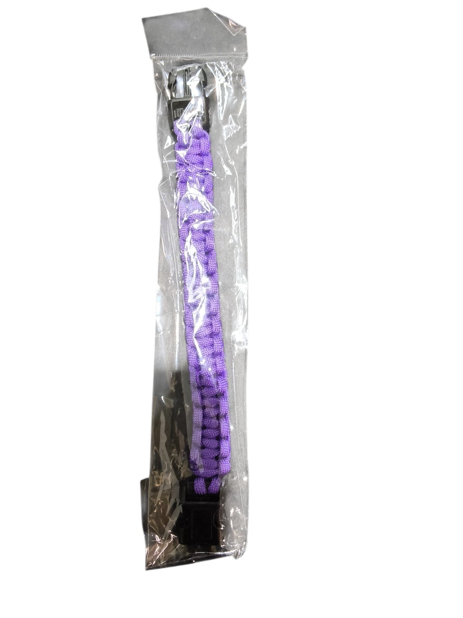 PrepPro Australia 22cm purple braided paracord survival bracelet in clear plastic packaging with a black buckle.