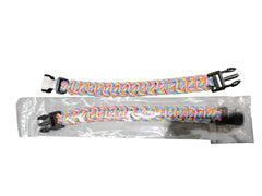 PrepPro Australia 22cm rainbow paracord survival bracelet with black side-release buckle, one packaged in plastic.