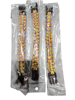PrepPro Australia 22cm rainbow paracord survival bracelets with black side-release buckles in individual packaging.