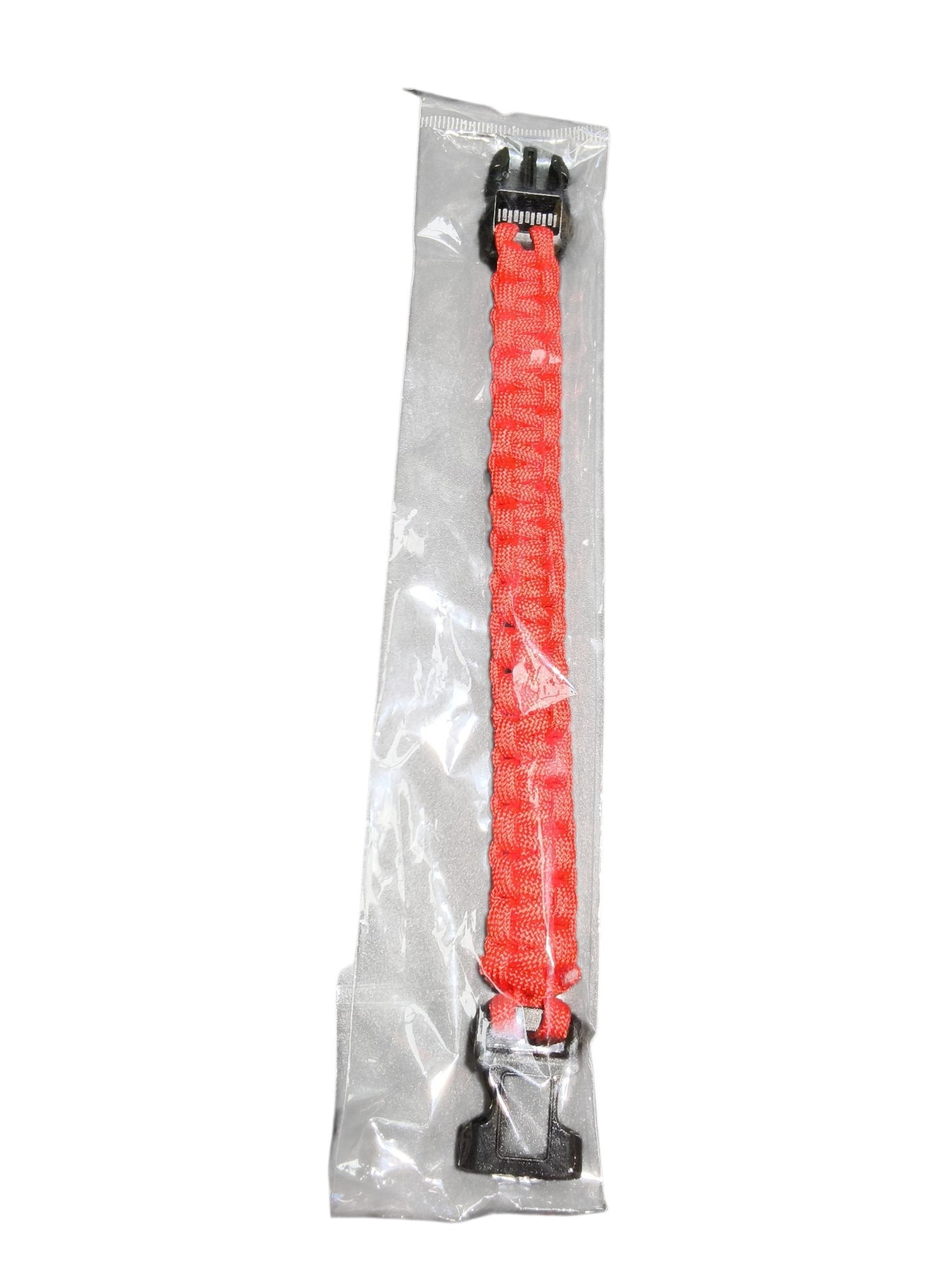 PrepPro Australia 22cm red braided paracord survival bracelet with a black side-release buckle in clear packaging.