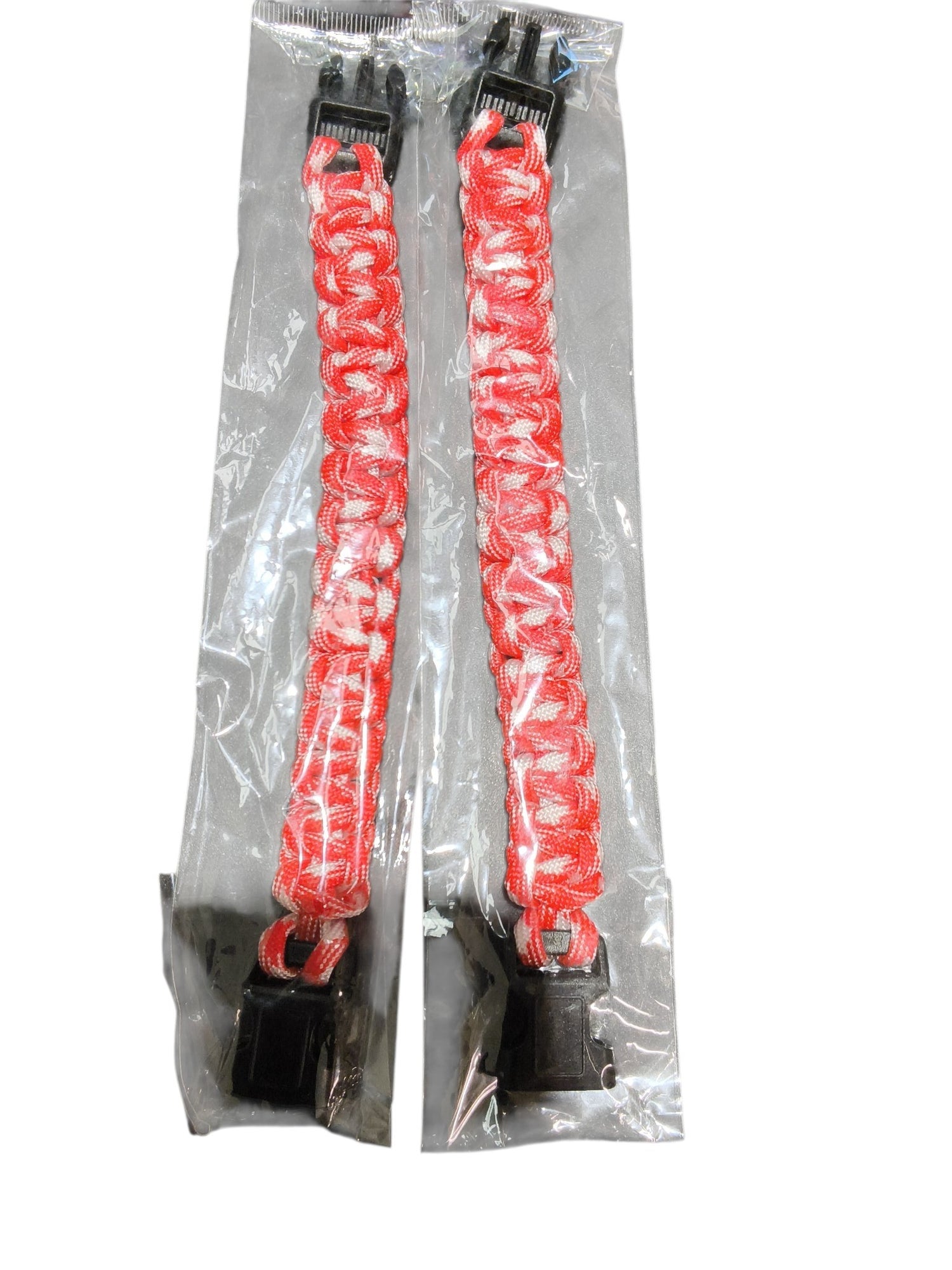 PrepPro Australia 22cm red and white braided paracord survival bracelets with black side-release buckles in packaging.