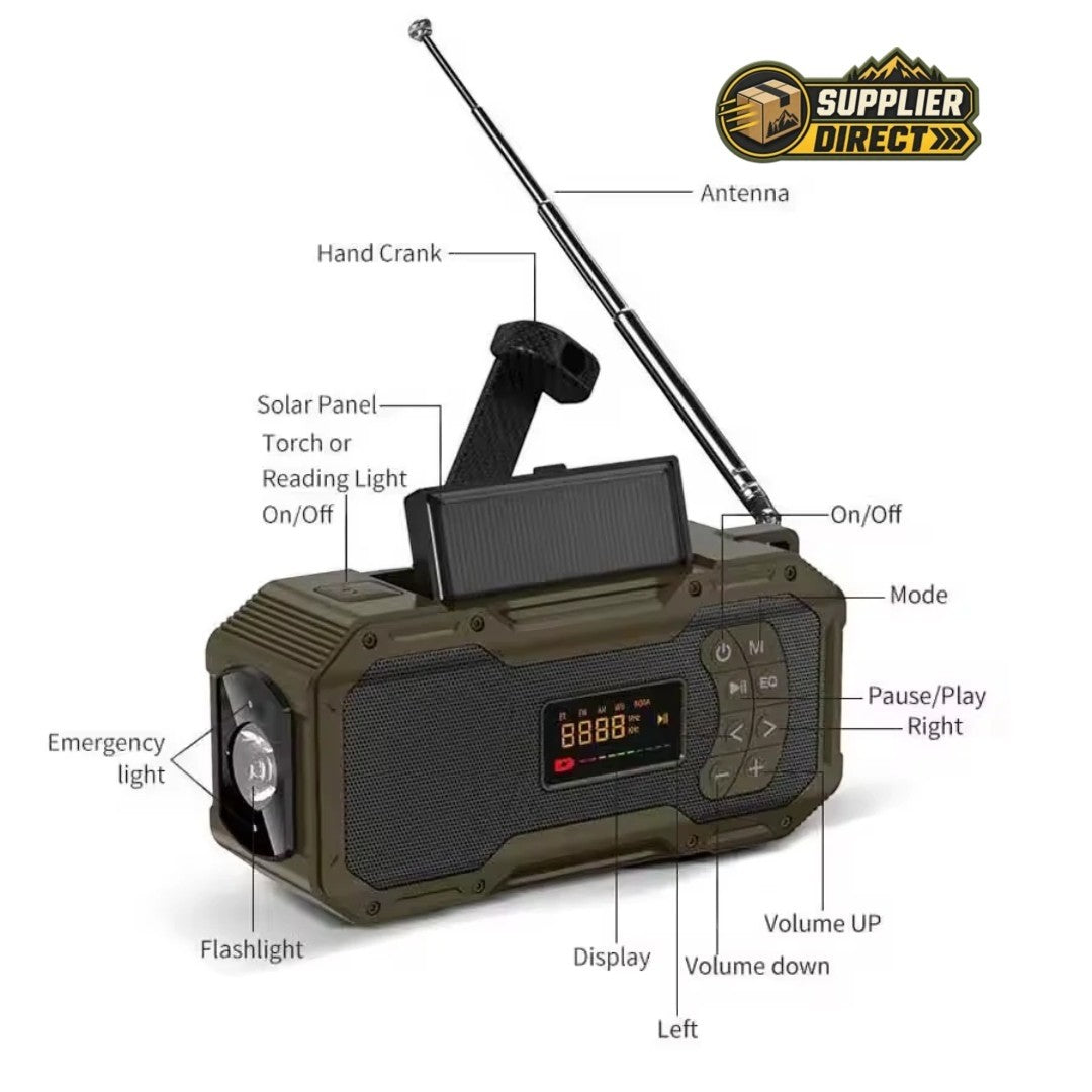 PrepPro Australia solar hand crank emergency radio in olive green with antenna, flashlight, and digital display.