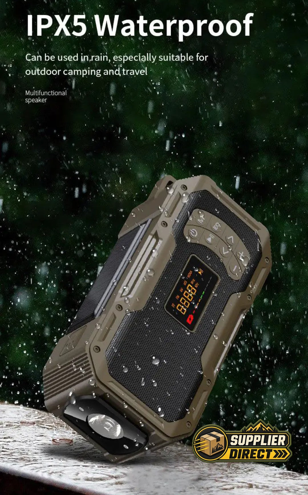 PrepPro Australia solar emergency radio in olive green with digital display, flashlight, and IPX5 water resistance.
