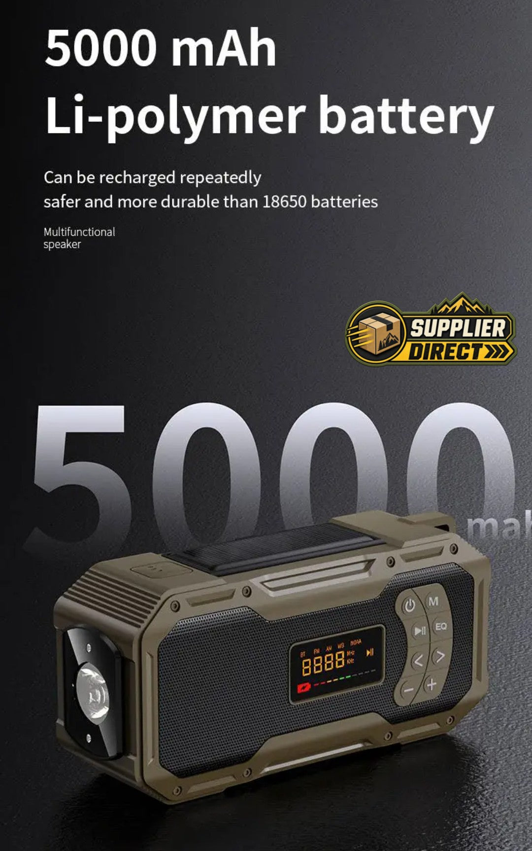 PrepPro Australia solar emergency radio with 5000mAh battery, digital display, flashlight, and Bluetooth speaker.