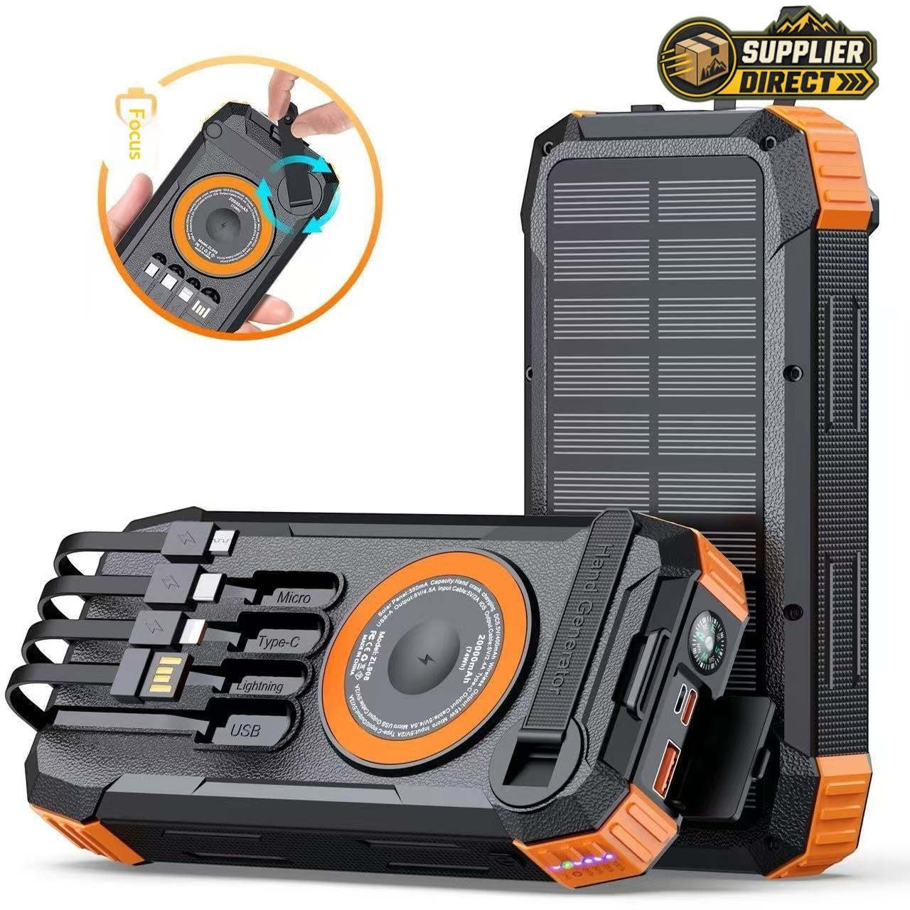 PrepPro Australia 20,000mAh solar power bank with hand crank, wireless charging, and four integrated cables in orange