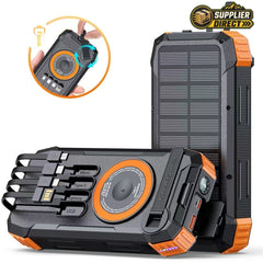 PrepPro Australia 20,000mAh solar power bank with hand crank, wireless charging, and four integrated cables in orange