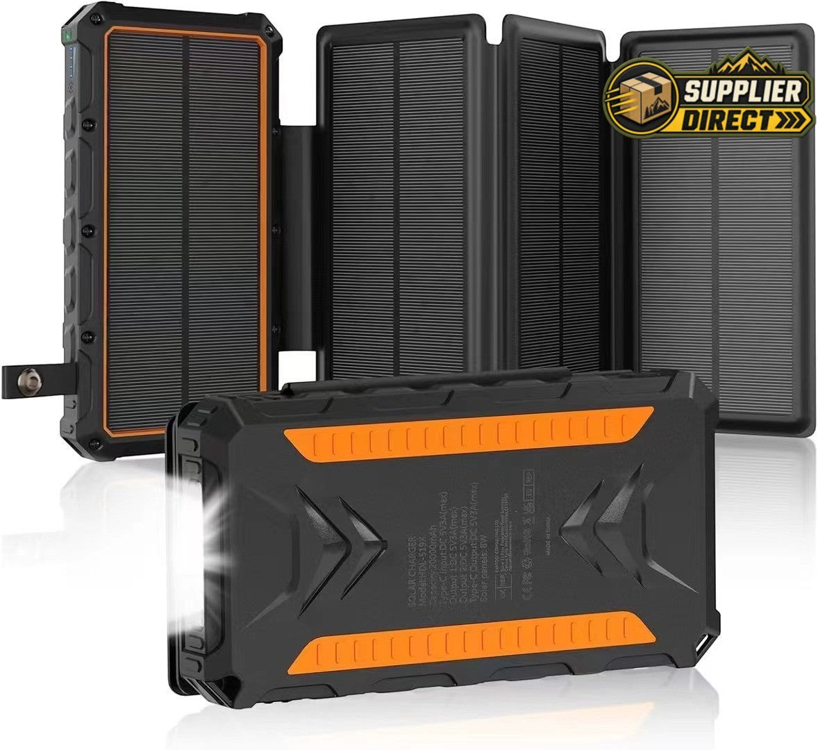 PrepPro Australia 20,000mAh solar power bank with fold-out panels, wireless charging, and integrated LED light.