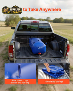 PrepPro Australia 113L blue PVC water storage bladder secured in a pickup truck bed with attachment loops and folding.