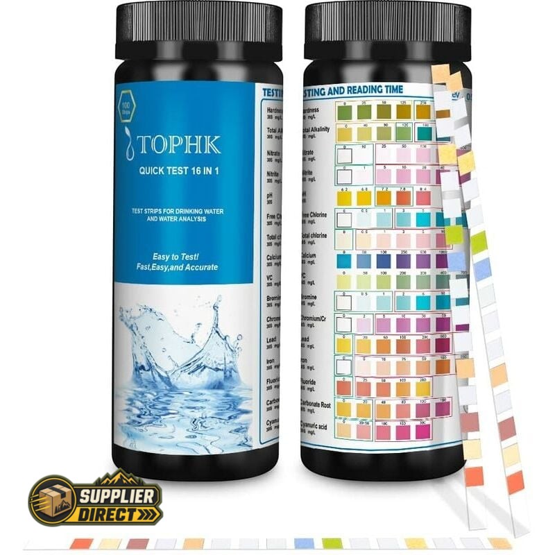 PrepPro Australia 16-in-1 drinking water test kit with 100 strips and a colour comparison chart for water analysis.
