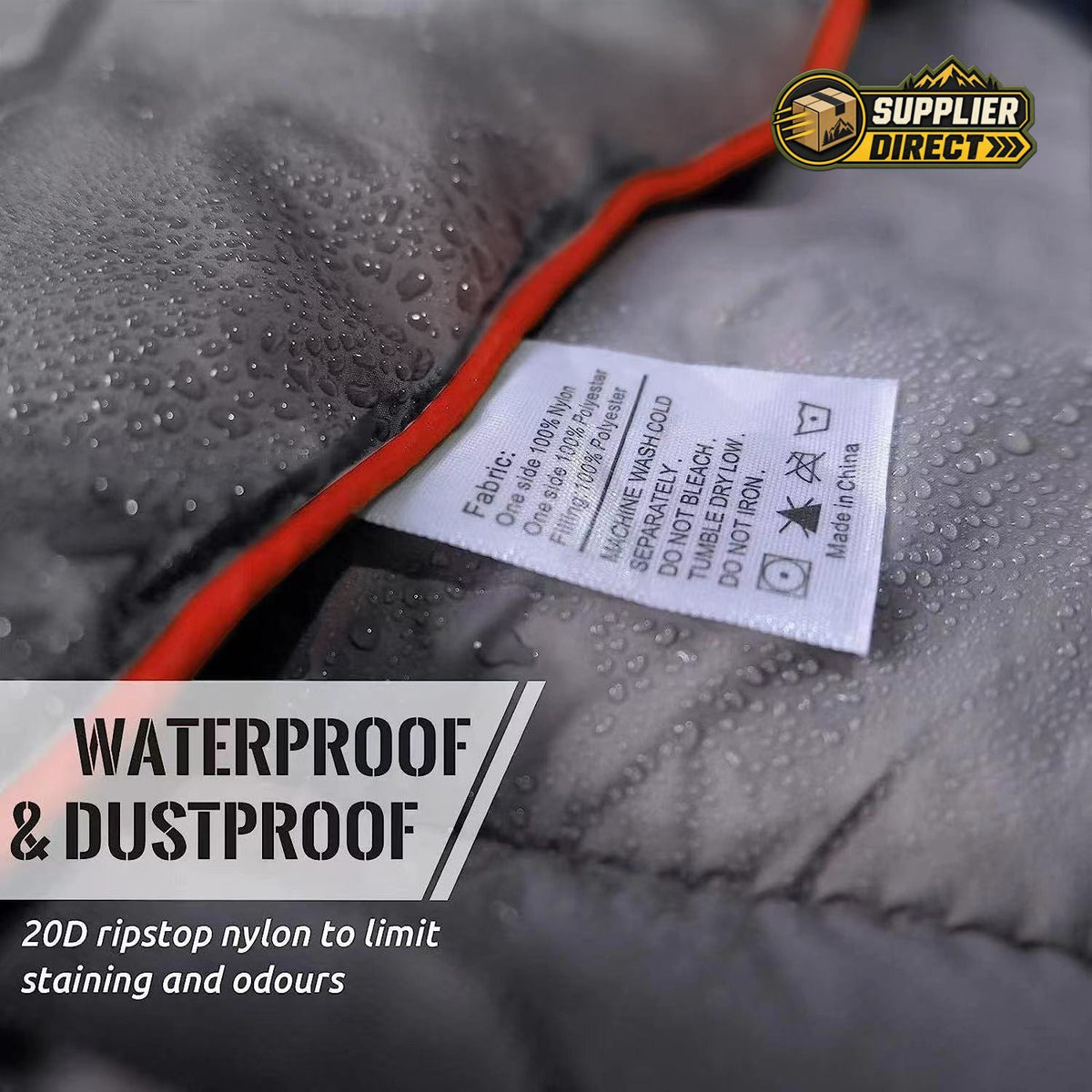 PrepPro Australia waterproof and dustproof quilted camping blanket with 20D ripstop nylon fabric and care label