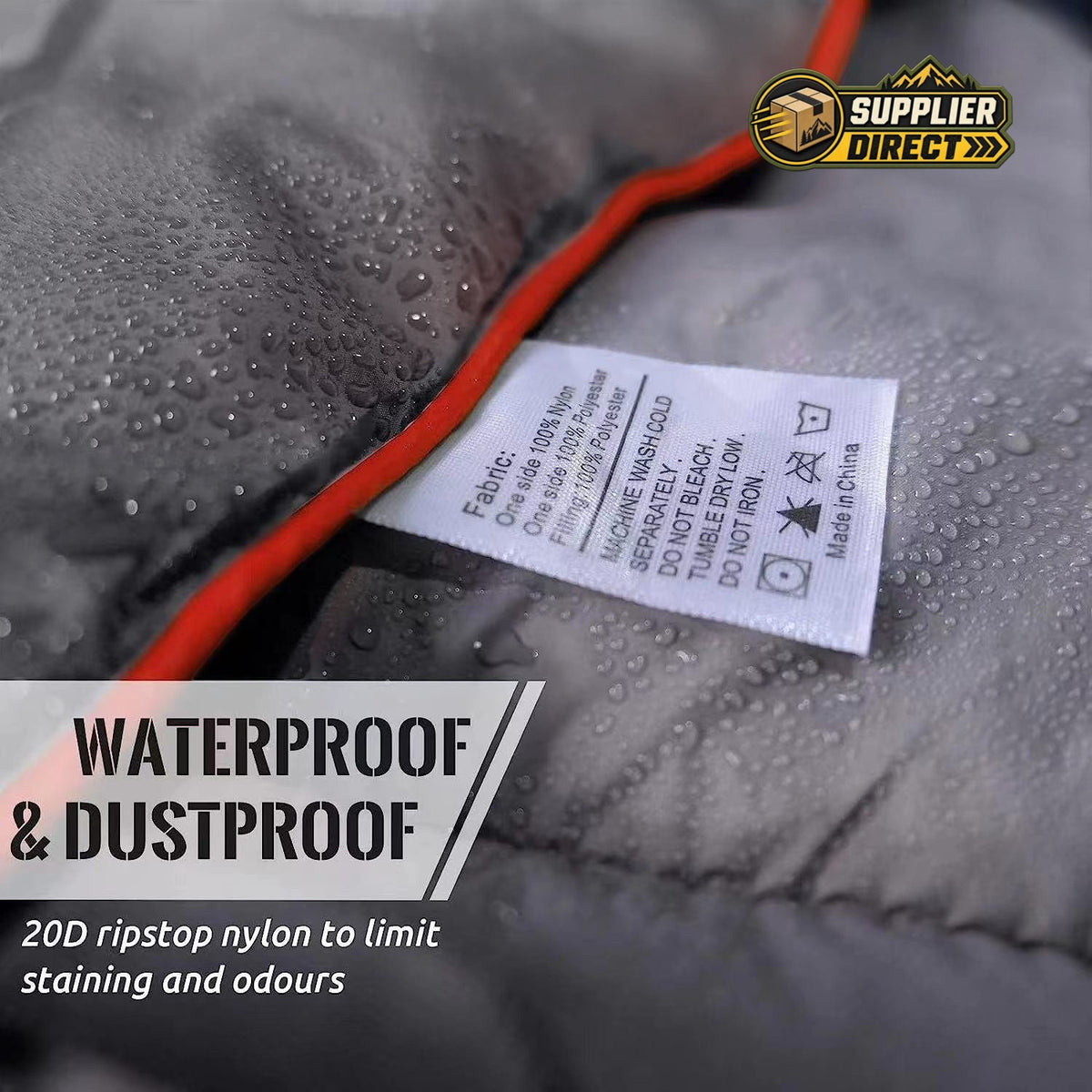 PrepPro Australia grey waterproof ripstop nylon camping blanket with care label and water droplets on fabric