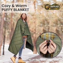 PrepPro Australia wearable quilted camping blanket in olive green, featuring buckle fasteners for poncho-style use.