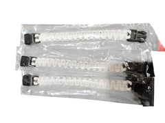Three PrepPro Australia white paracord survival bracelets in individual clear plastic packaging with black buckles.