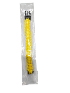 PrepPro Australia yellow 22cm paracord survival bracelet in clear plastic packaging with a black side-release buckle.