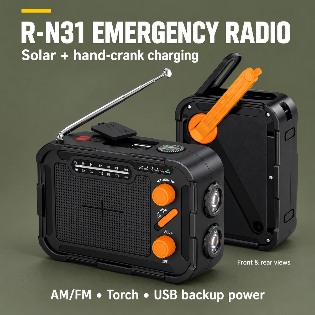 R-N31 EMERGENCY RADIO — Solar + hand-crank charging