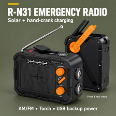 R-N31 EMERGENCY RADIO — Solar + hand-crank charging