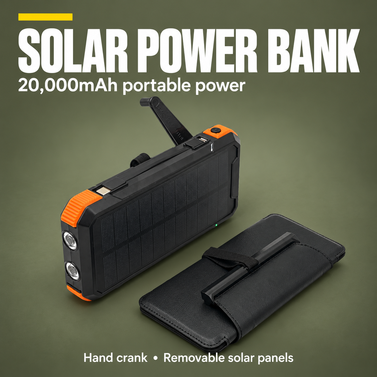 20,000mAh solar power bank with hand crank and removable solar panels